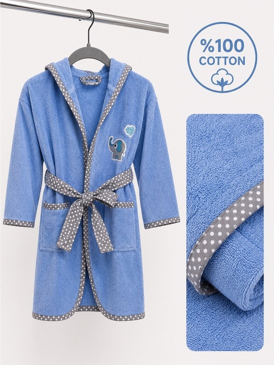 other Other - Kids Blue Bathrobe 100% Cotton Hooded Elephant Soft Robe 4-6Y